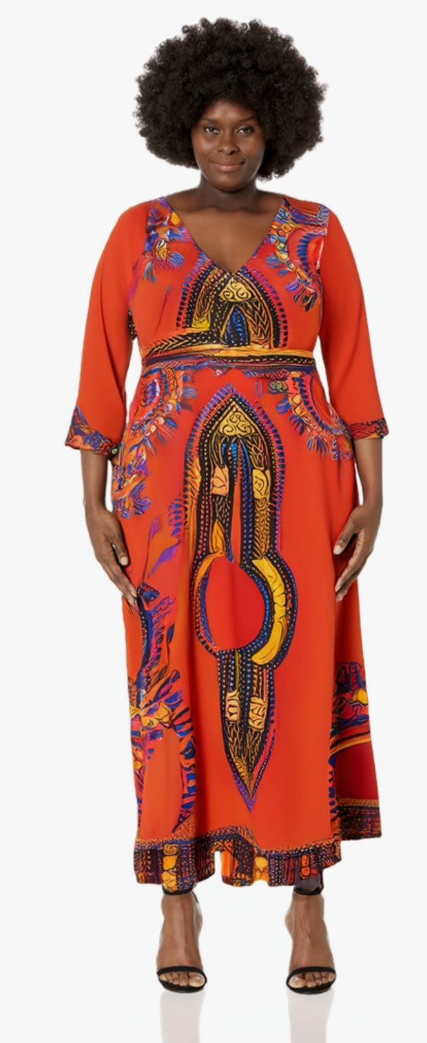 Elegant African Print Maxi Dress – Sizes S to 3XL (Orange)