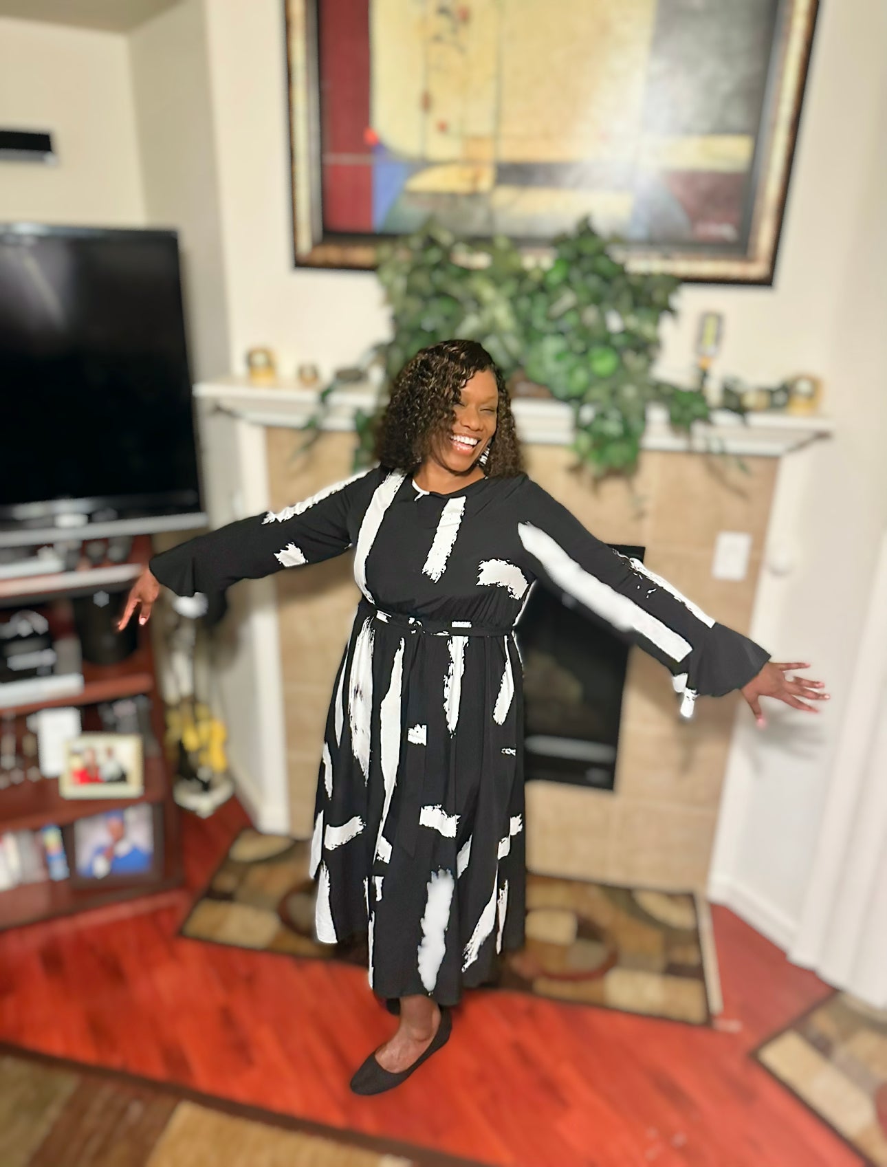 Plus Size Printed Tie Belt Flare Sleeve Round Neck Midi Dress