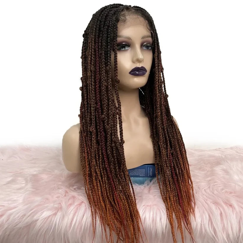 28 Inches 4x4 Black to Orange Ends Box Braids Lace Closure Wigs 200% Density-100% Handmade