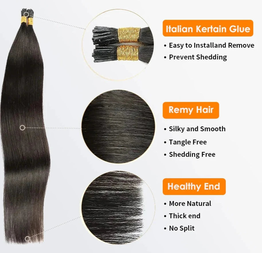 I Tip Hair Extensions Straight Natural Remy Human Hair (#1B Natural Black)
