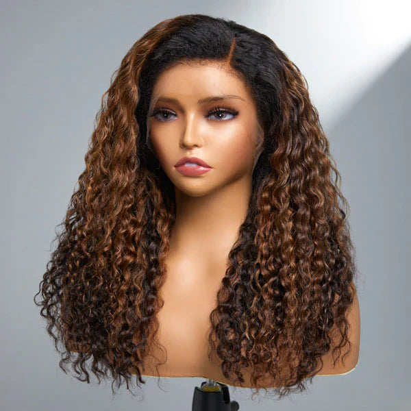16-20 Inches 4C Edges | Kinky Edges Ombre Brown Deep Wave 13x4 Frontal HD Lace Side Part Long Wig-100% Human Hair