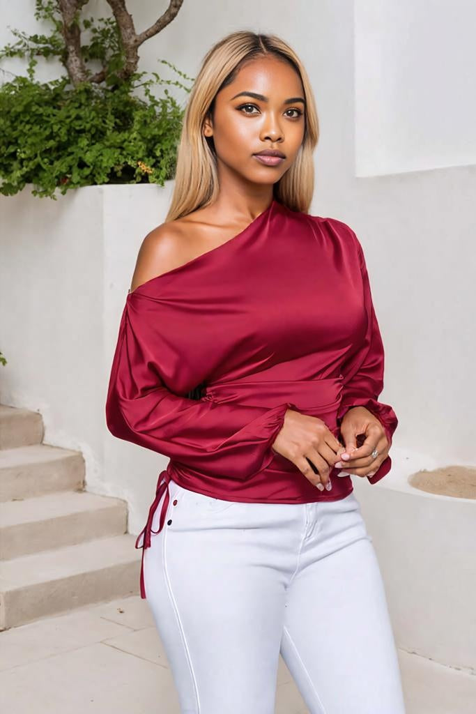 Drawstring One Shoulder Long Sleeve Blouse
