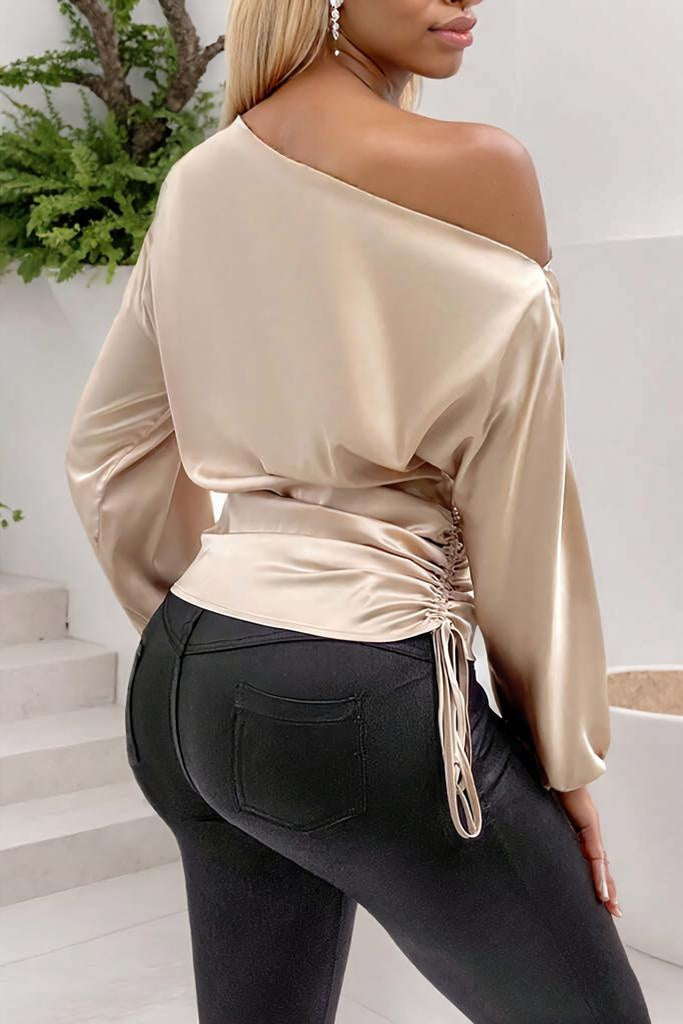 Drawstring One Shoulder Long Sleeve Blouse