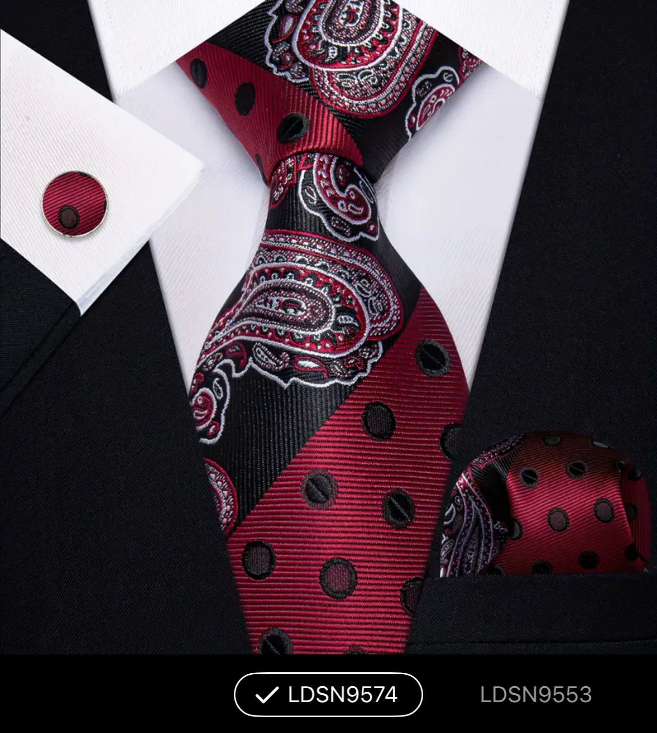 Men’s Silk Coordinated Tie Set - Red Black Paisley and Polka Dots