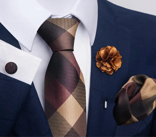 Men’s Silk Coordinated Tie Set - Brown Plaid