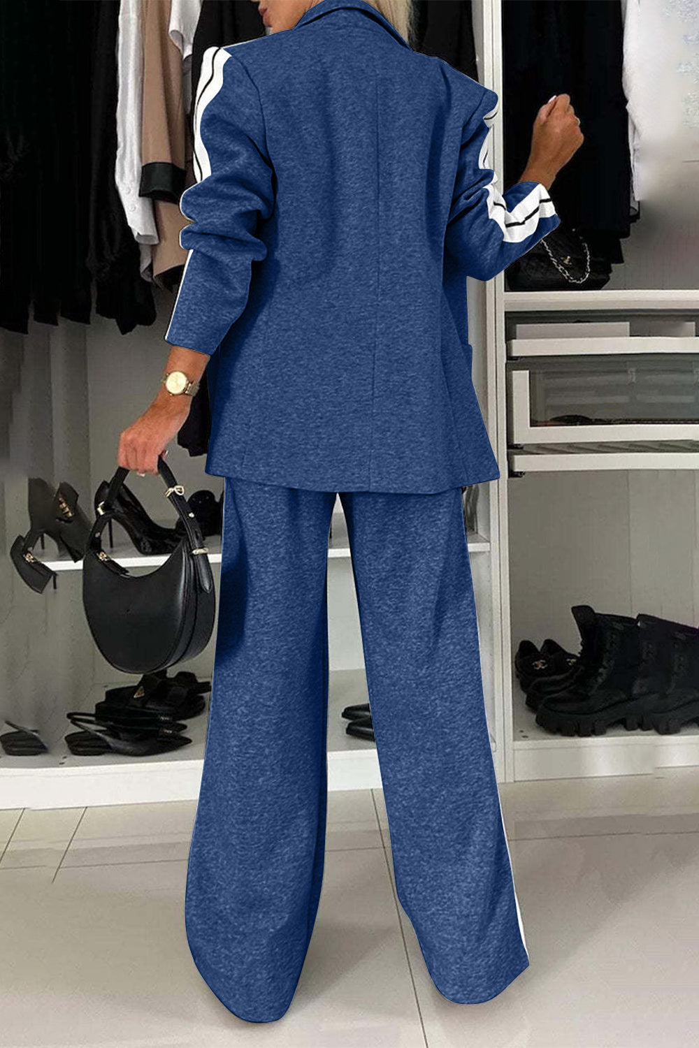 Full Size Contrast Lapel Collar Top and Pants Set, Small - 3XLarge