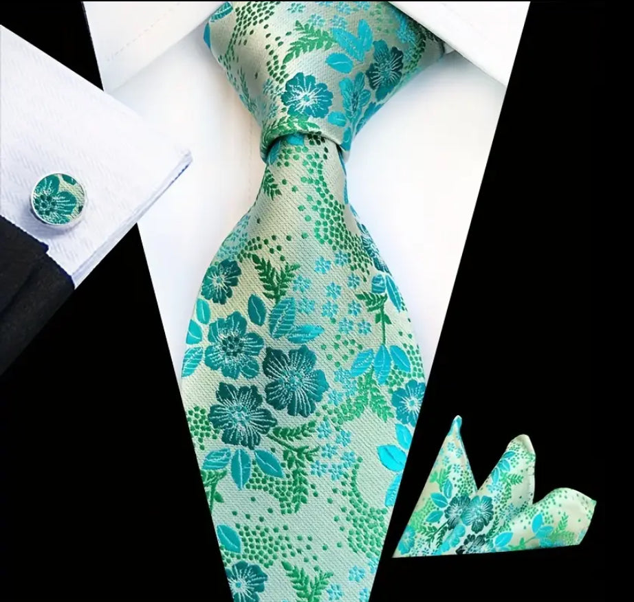 Men’s Silk Coordinated Tie Set - Aqua Green Floral