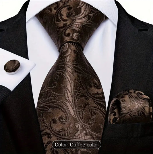 Men’s Silk Coordinated Tie Set - Solid Brown Paisley