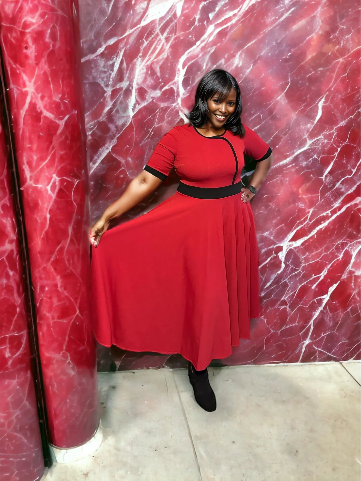 Red Contrast Trim Dress