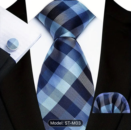 Men’s Silk Coordinated Tie Set - Blue Plaid