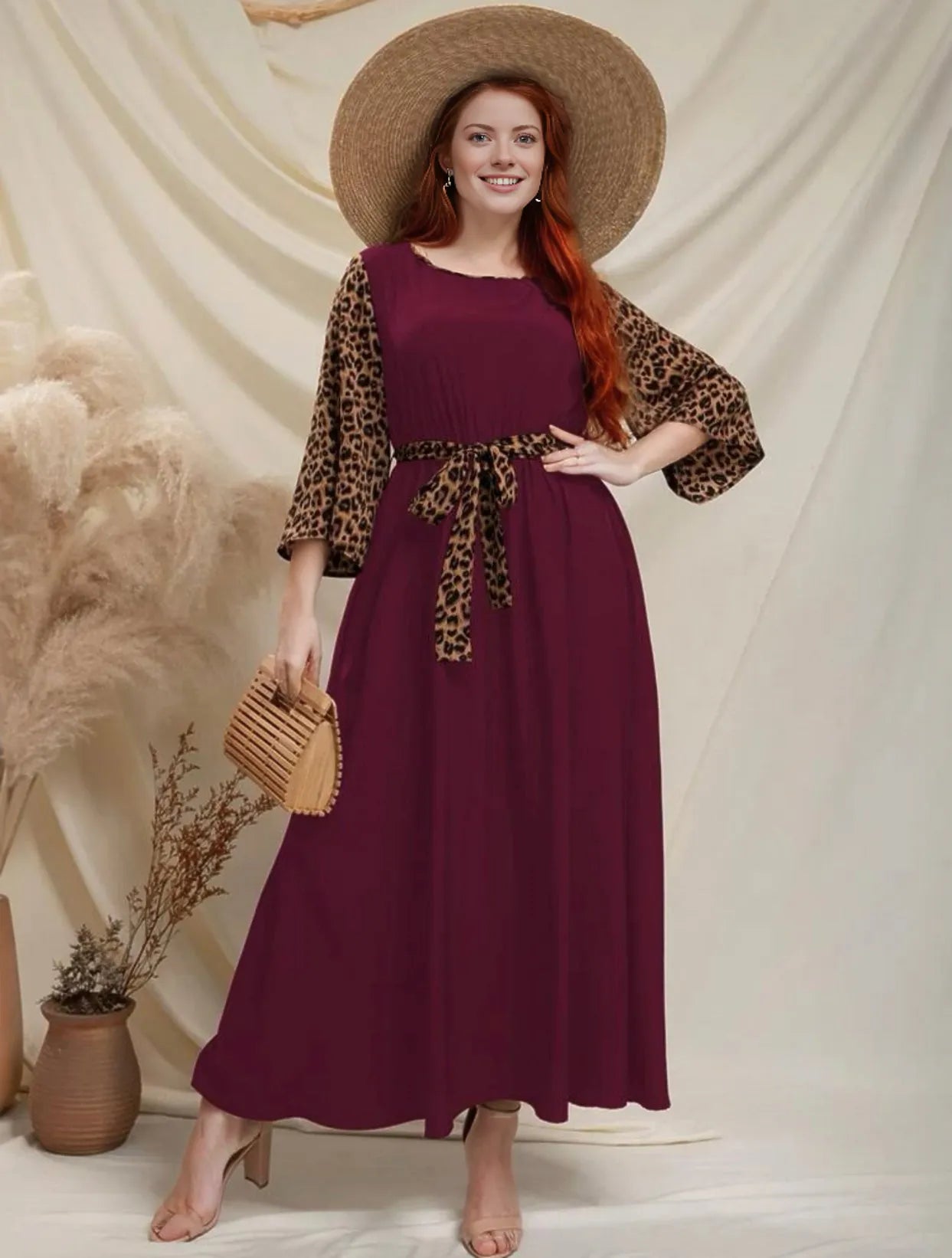 Leopard Print Trumpet Sleeve Dress, US Sizes 12 - 22