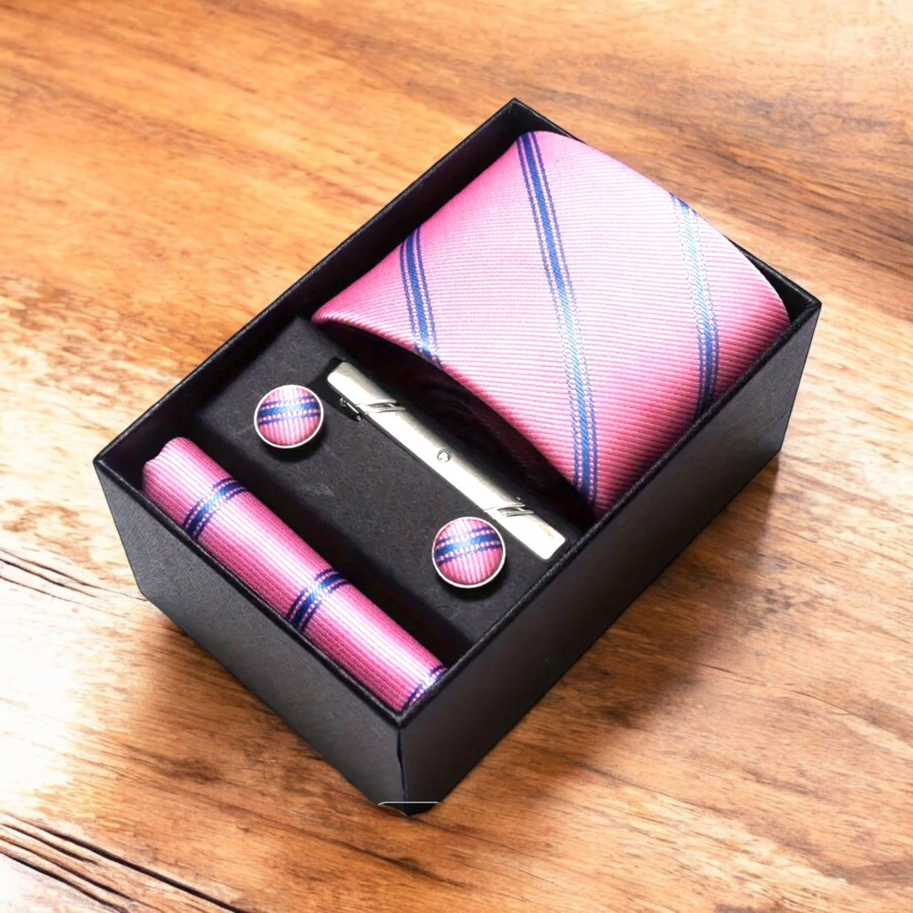 Men’s Silk Coordinated Tie Set w/Box - Pink with Blue Stripe (1)