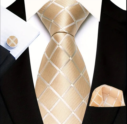 Men’s Silk Coordinated Tie Set - Light Gold Squared