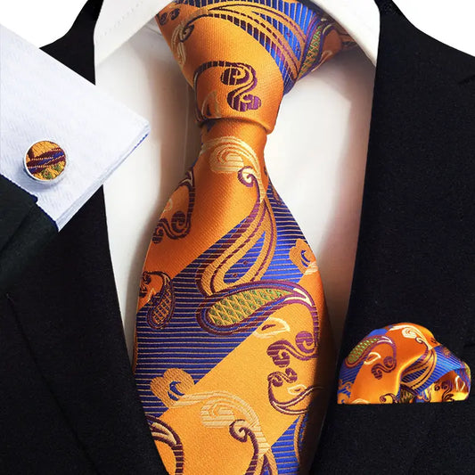 Men’s Silk Coordinated Tie Set - Orange Blue Paisley