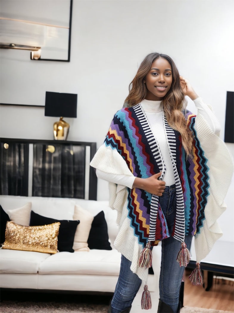 Striped Open Front Poncho with Tassels