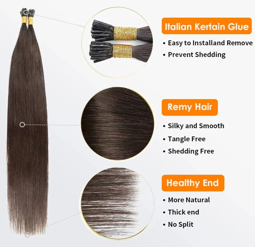 I Tip Hair Extensions Straight Natural Remy Human Hair (#2 Darkest Brown )