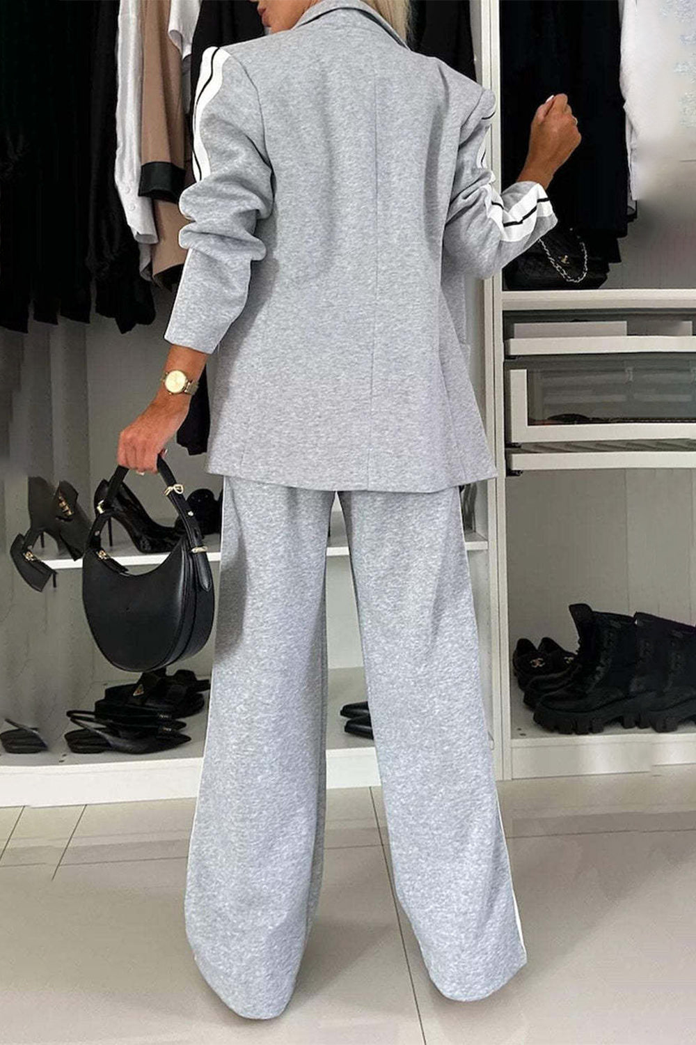 Full Size Contrast Lapel Collar Top and Pants Set, Small - 3XLarge