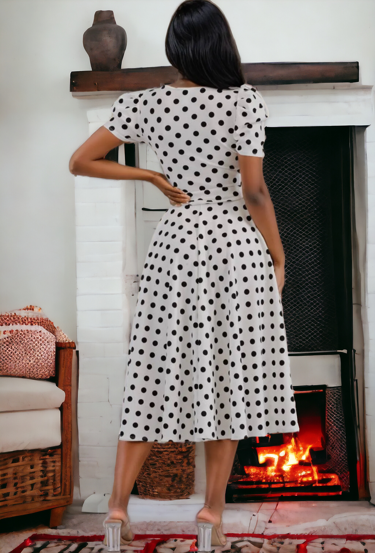 Puff Sleeve Polka Dot Cocktail Dress, Sizes 1X - 3X (Ivory)