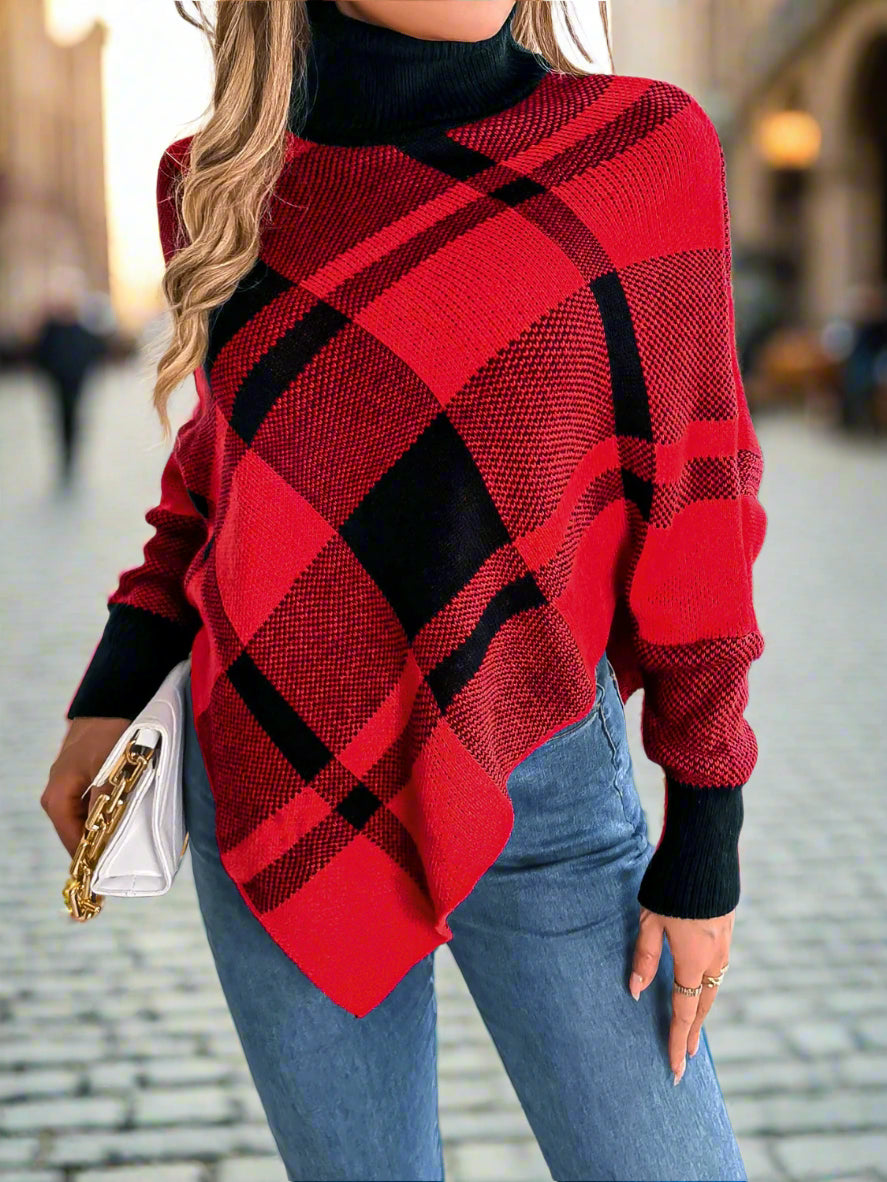 Plaid Turtleneck Batwing Sleeve Sweater