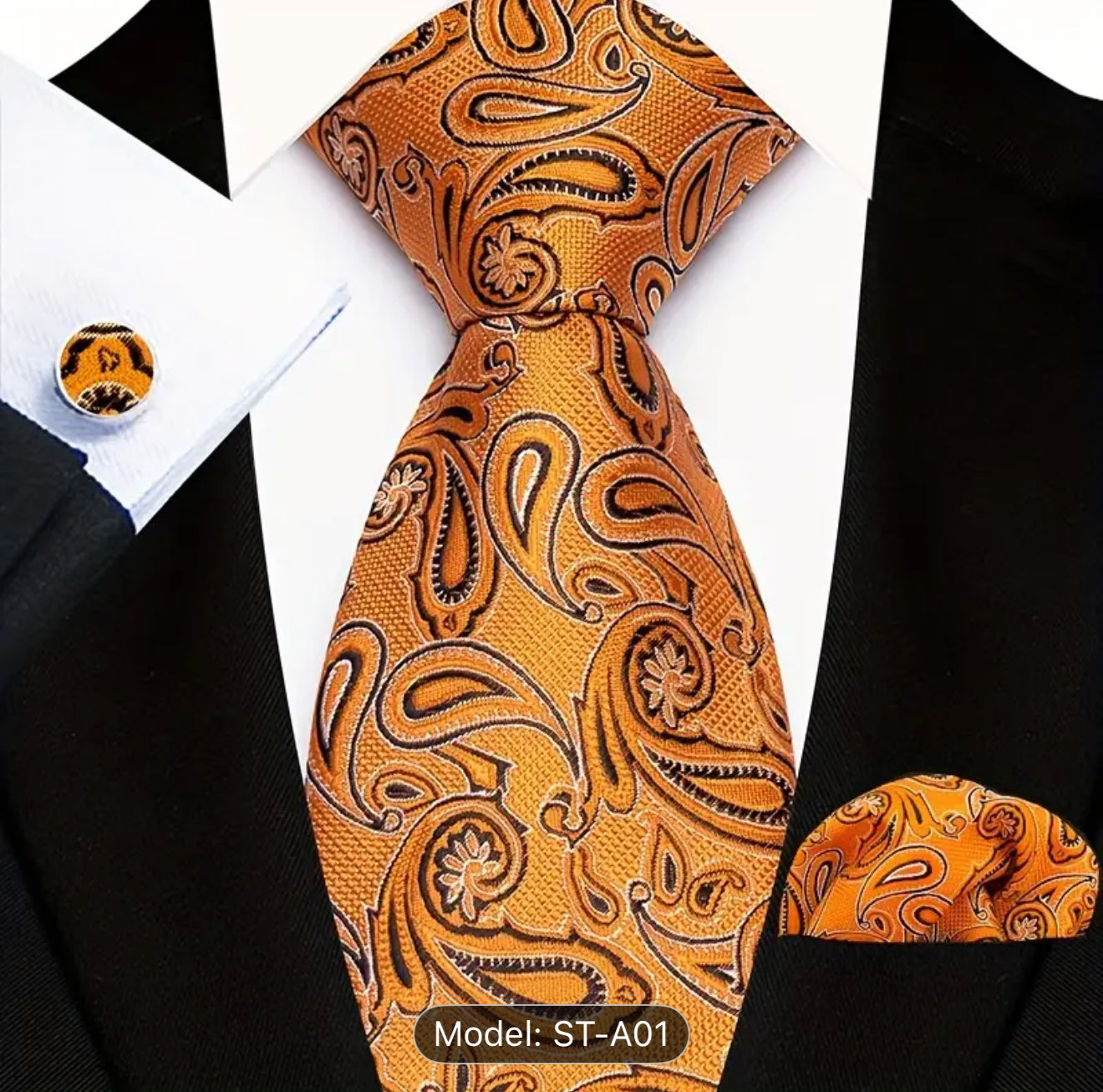 Men’s Silk Coordinated Tie Set - Orange with Orange Black Paisley