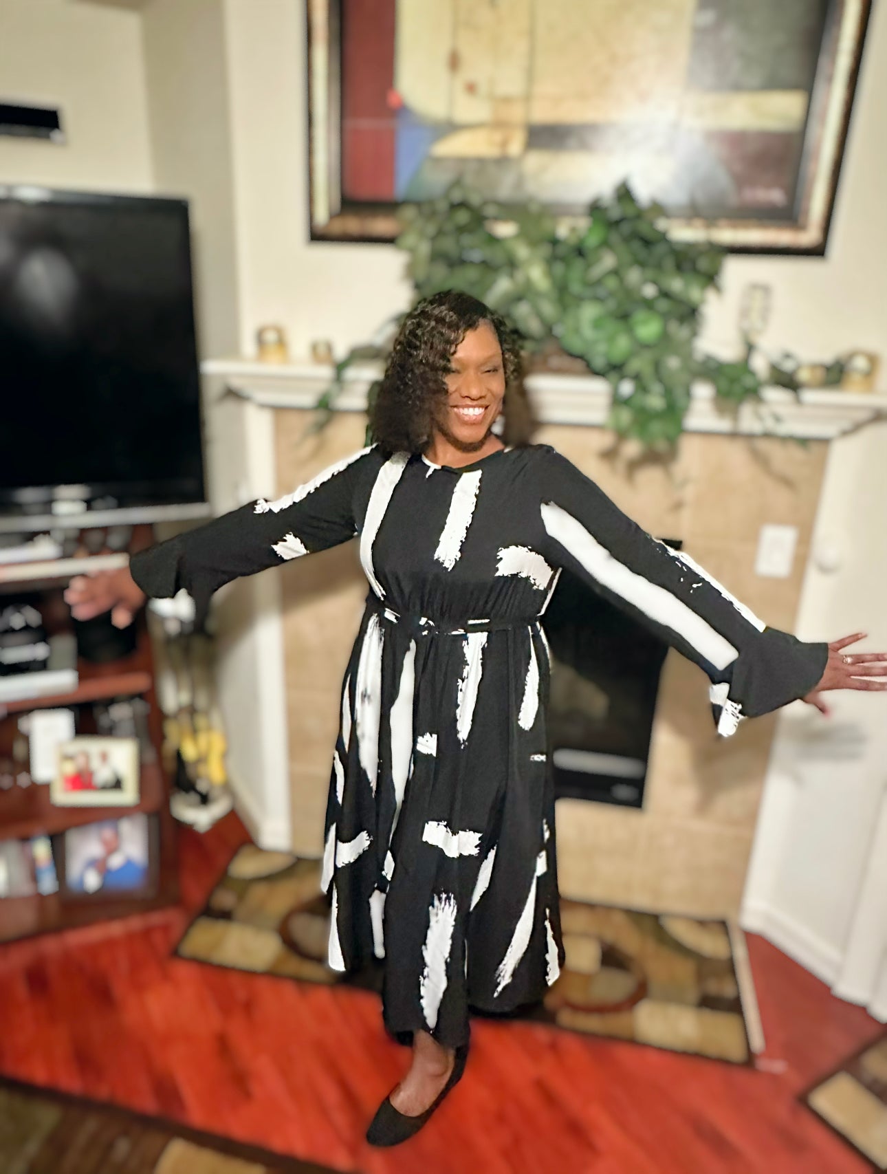 Plus Size Printed Tie Belt Flare Sleeve Round Neck Midi Dress