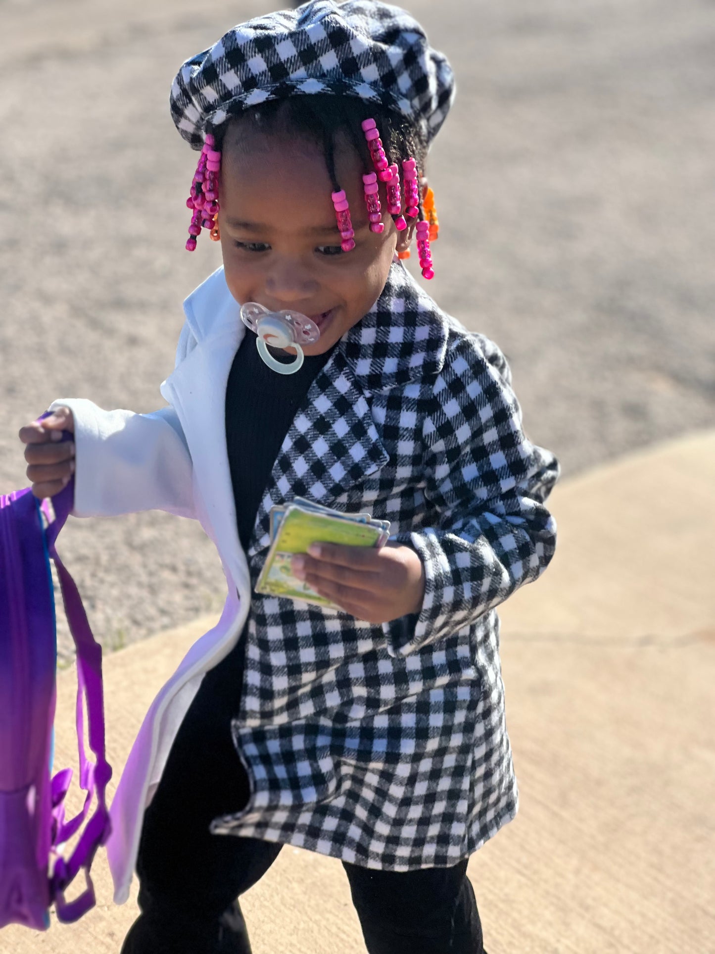 Girls Gingham Belted Wool-Mix Coat & Flare Leg Pants with Hat