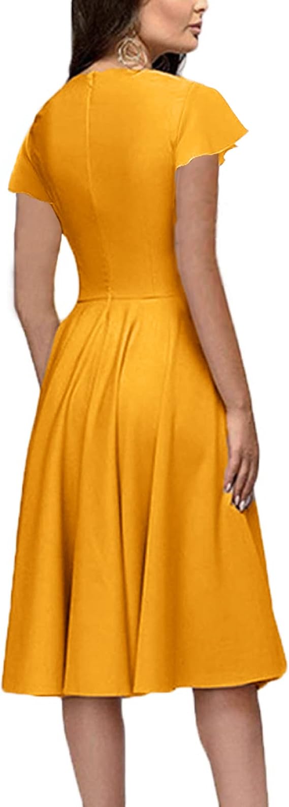 Audrey Hepburn Style Ruched 3/4 Sleeve Midi A-line Dress, Gold