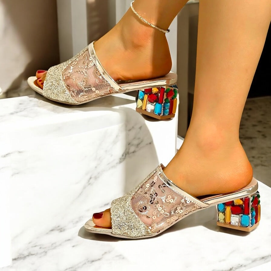 Open Toe Block Heels Sandals, Gold or White