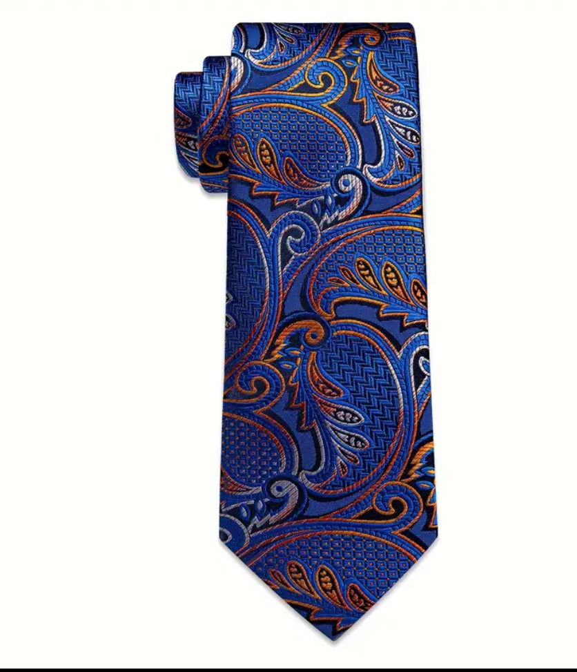 Men’s Silk Coordinated Tie Set - Blue Tie with Blue & Orange Paisley