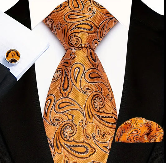Men’s Silk Coordinated Tie Set - Orange with Orange Black Paisley
