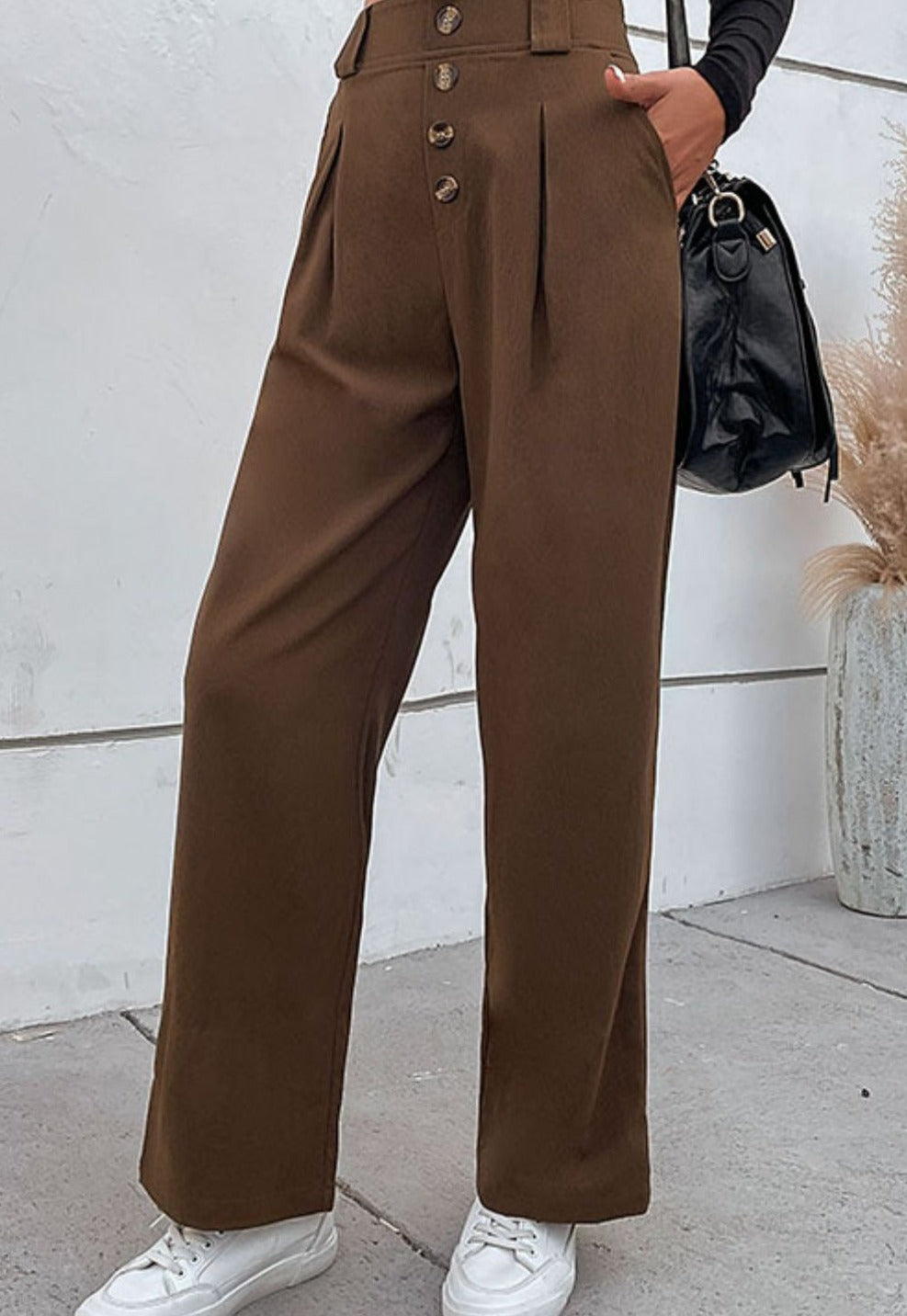 Button-Fly Pleated Waist Wide Leg Pants with Pockets - Brown
