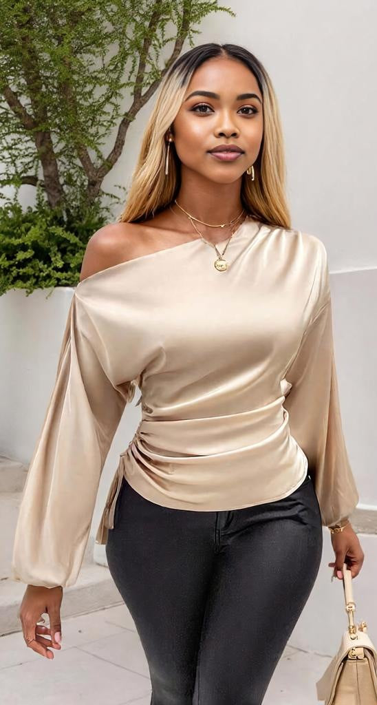 Drawstring One Shoulder Long Sleeve Blouse