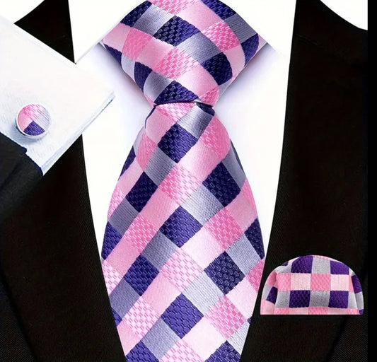 Men’s Silk Coordinated Tie Set - Purple Pink Checkered