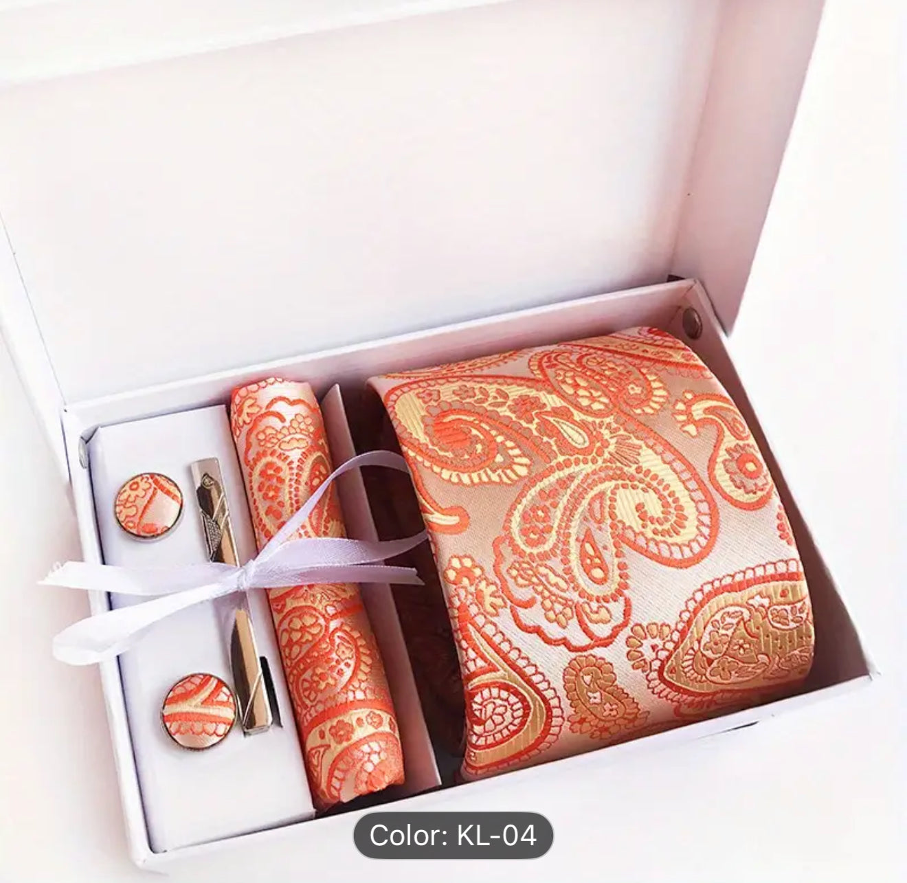 Men’s Silk Coordinated Tie Set - Orange Paisley (box not included)