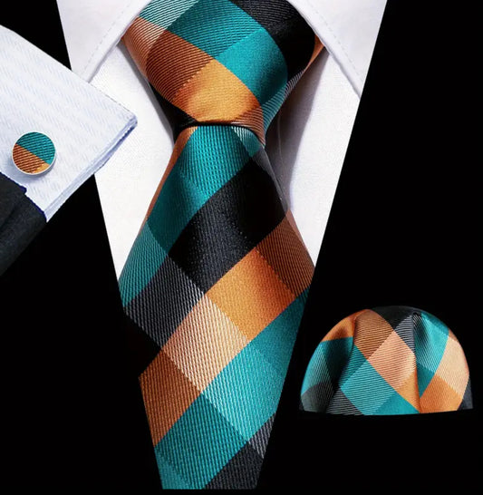 Men’s Silk Coordinated Tie Set - Orange Green Black Checkered