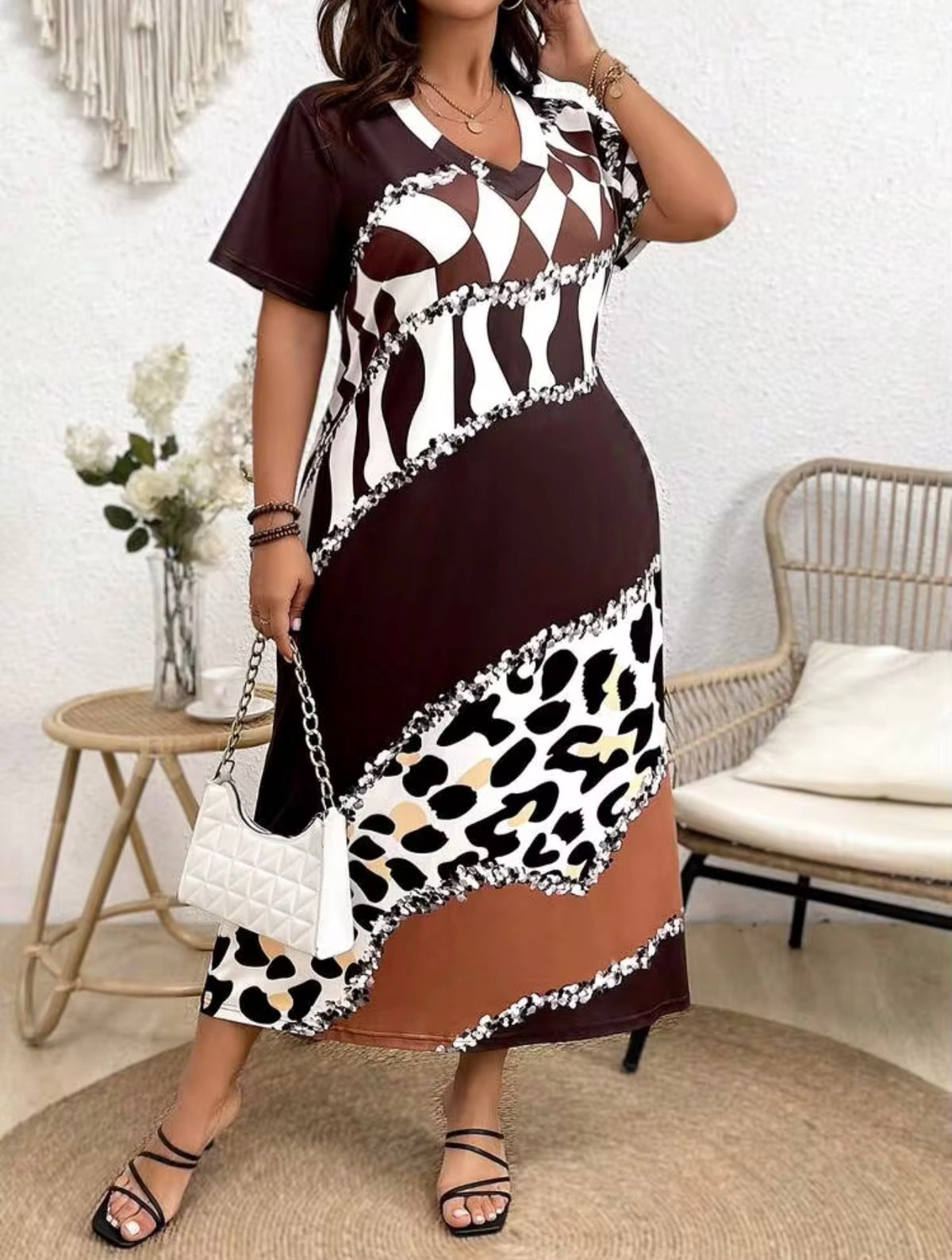 Calvaya Women's Plus Size Color Block Printed Patchwork Dress, 2X (US 16)