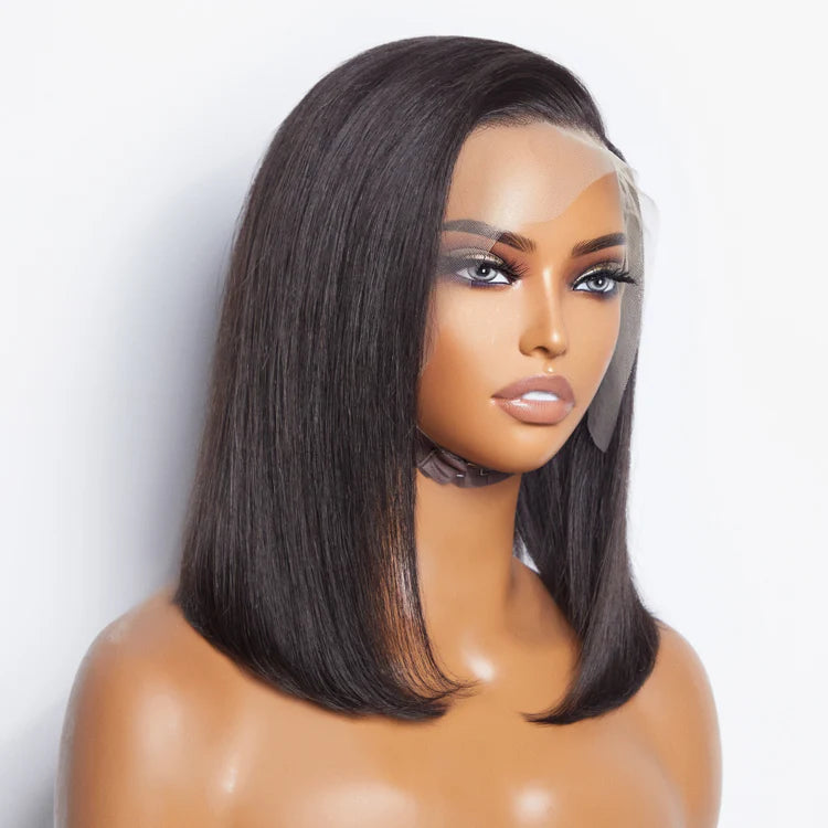 12 Inches 13x4 #1B Straight Lifting Bang Side Part Lace Frontal Wig-100% Human Hair