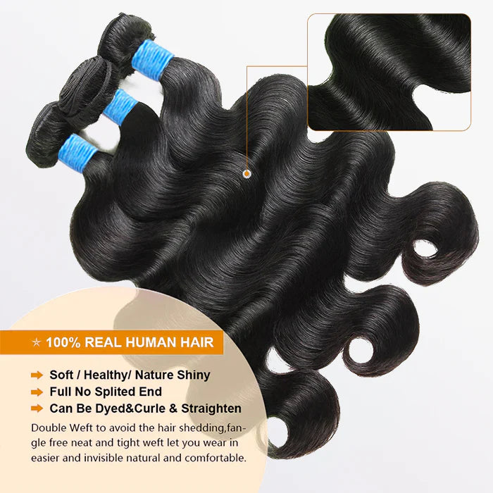 10-40 Inch Body Wavy Virgin Brazilian Hair #1B Natural Black - 100% Human Hair Bundles