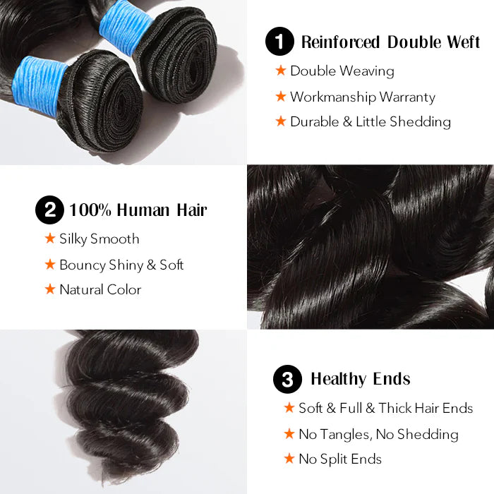 10-30 Inch Loose Wavy Virgin Brazilian Hair #1B Natural Black - Human Hair Bundle