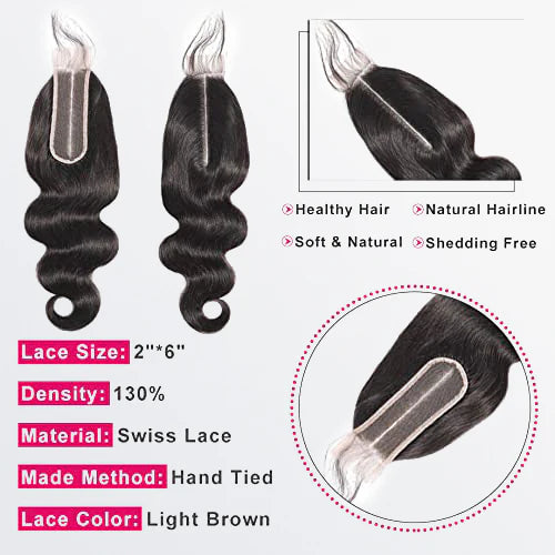 12-20 Inches 2" x 6" Upgrade Body Wave Transparent Lace Closure #1B Natural Black