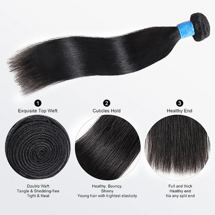 10-40 Inch Straight Virgin Brazilian Hair #1B Natural Black - Human Hair Bundles