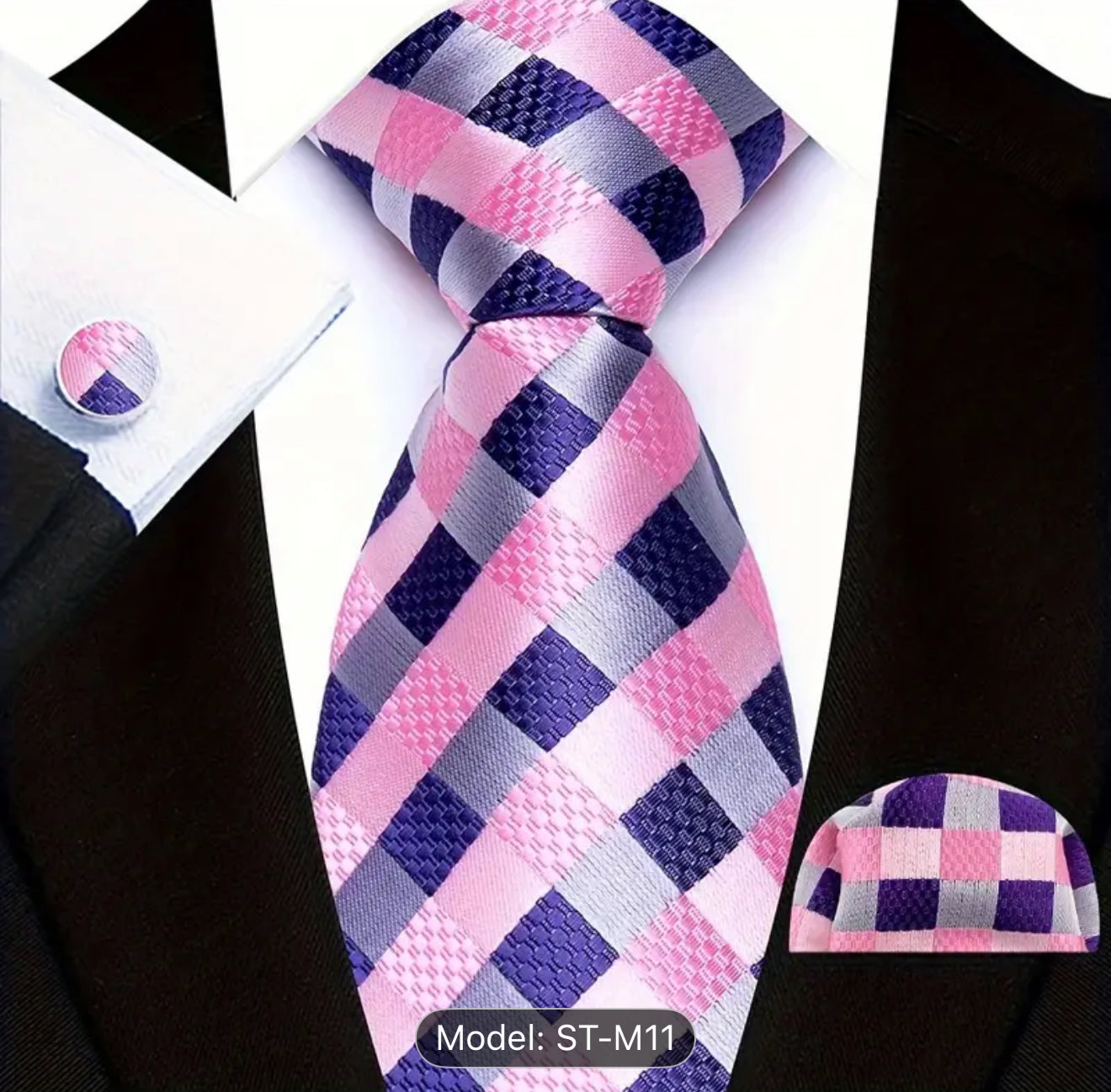 Men’s Silk Coordinated Tie Set - Purple Pink Checkered