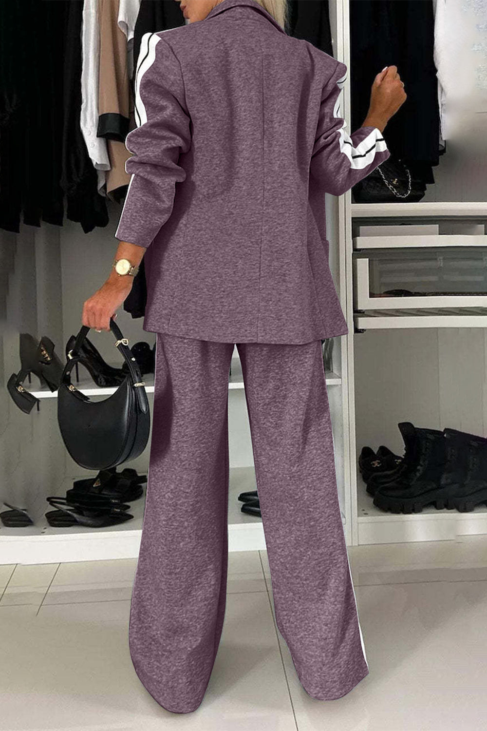 Full Size Contrast Lapel Collar Top and Pants Set, Small - 3XLarge