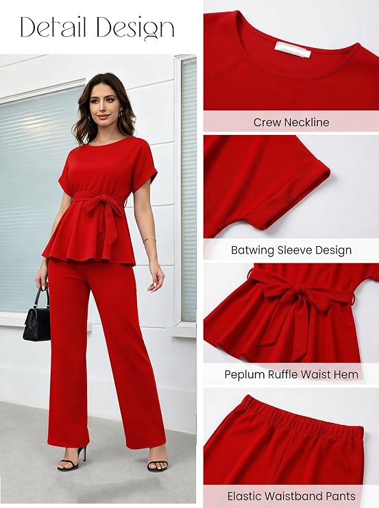 Ekaliy Women's 2-Piece Pants Set Peplum Top High Waisted Flared Pants, 2X (US 20)