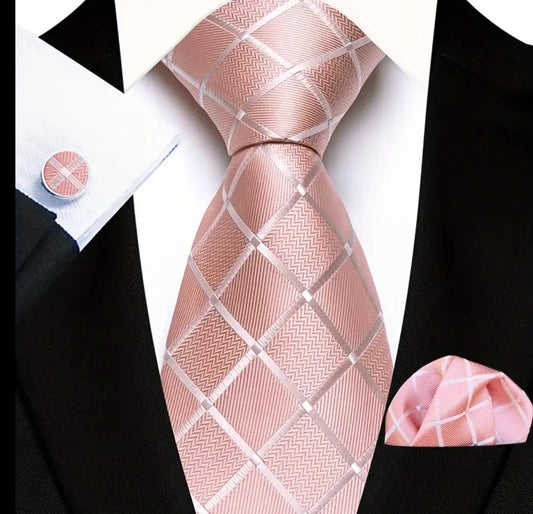 Men’s Silk Coordinated Tie Set - Light Pink Squared