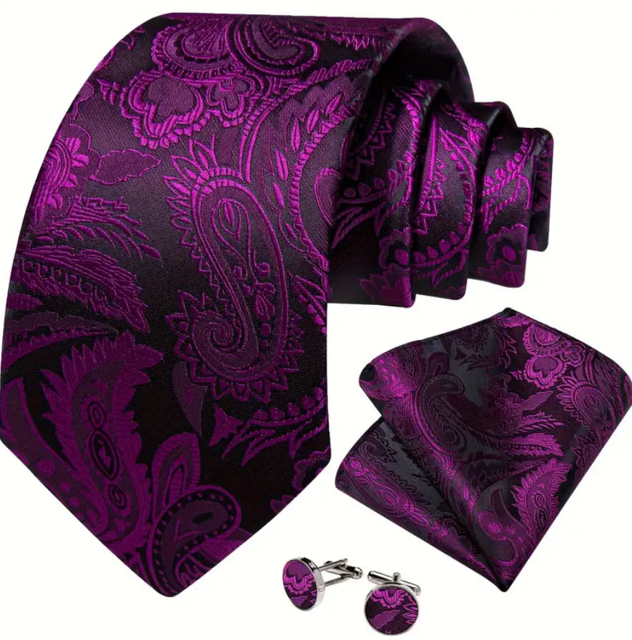 Men’s Silk Coordinated Tie Set - Deep Burgundy & Black Paisley
