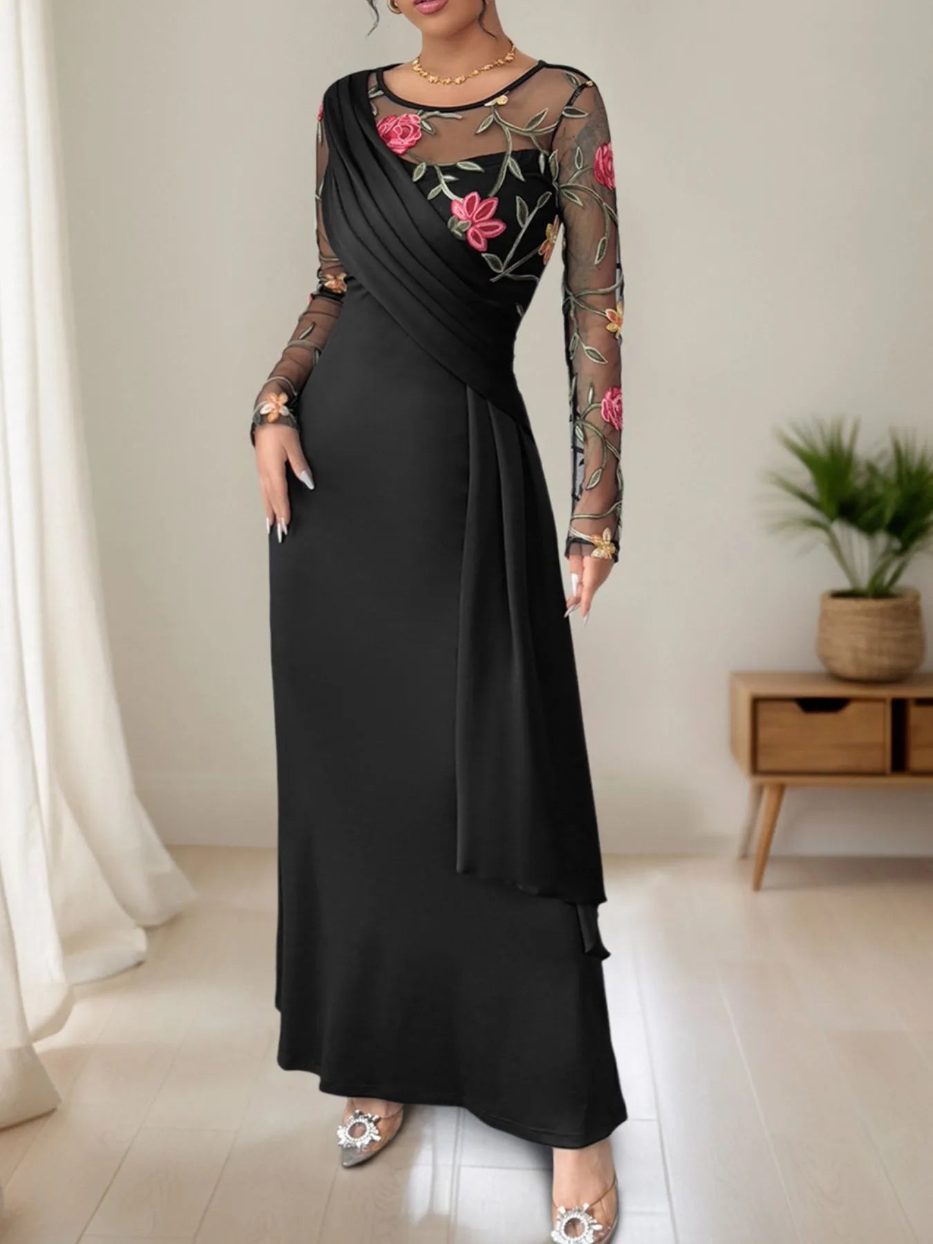 floral mesh rouched maxi dress Women's Rose Printed Floral Mesh Ruched Maxi Dress