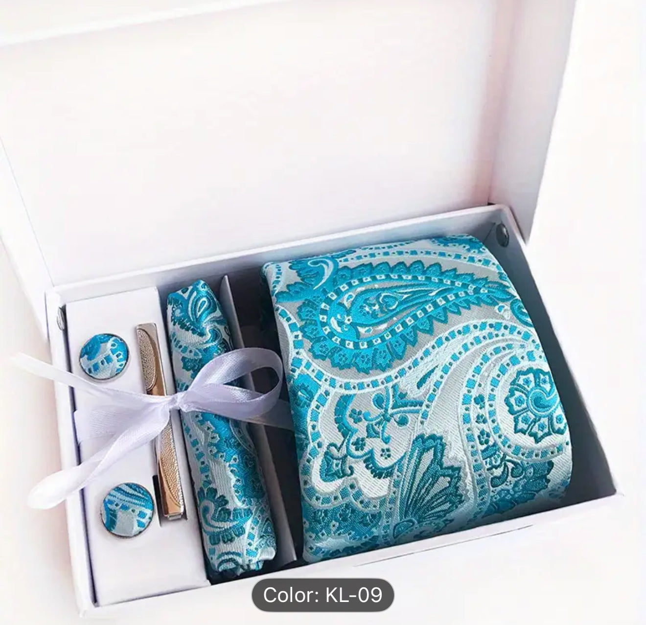 Men’s Silk Coordinated Tie Set - Sky Blue Silver Paisley (box not included)