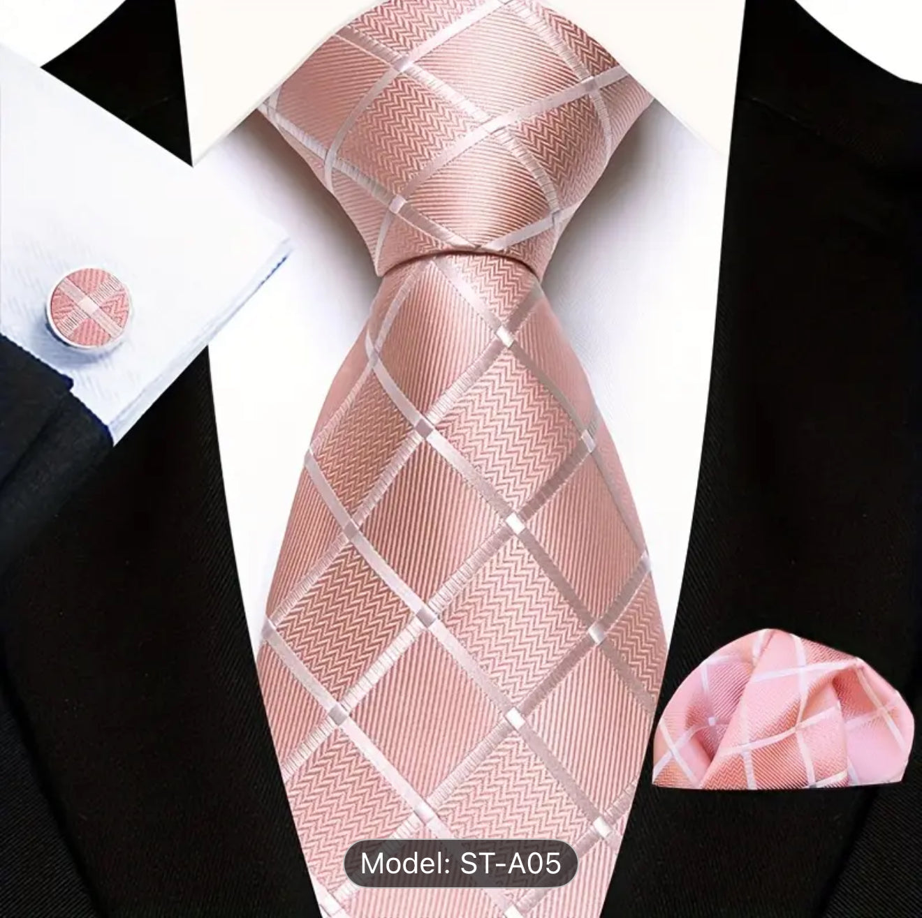 Men’s Silk Coordinated Tie Set - Light Pink Squared