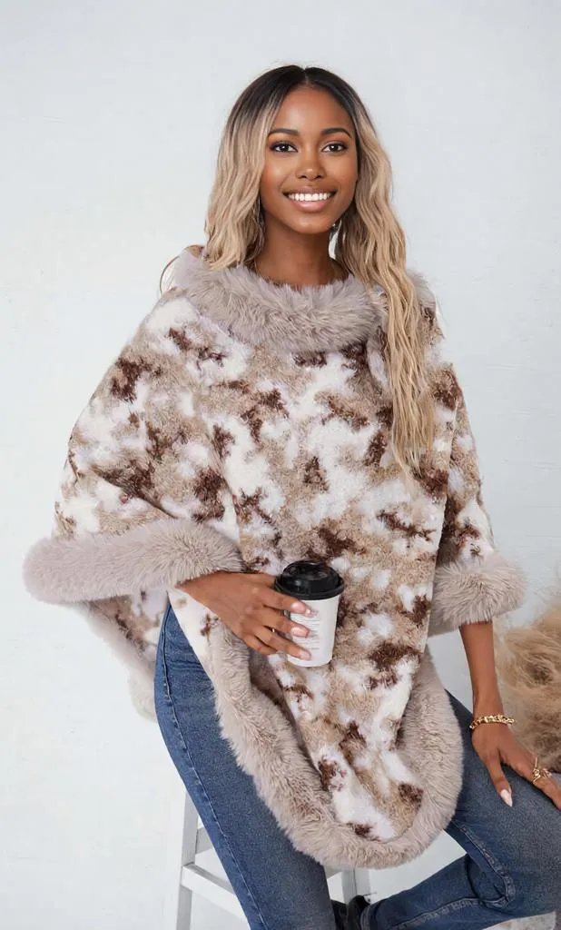 Furry Contrast Three-Quarter Poncho